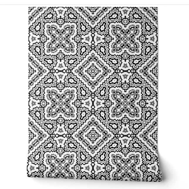 zwart-wit geometrisch etnisch ornament behang (Afrollen)
