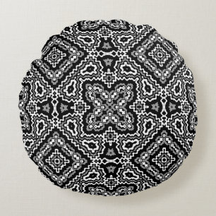 zwart-wit geometrisch etnisch ornament rond kussen