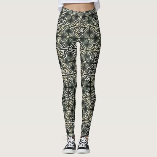 Zwart wit Geometrisch Frans  Fleur de Lis Leggings (Voorkant)