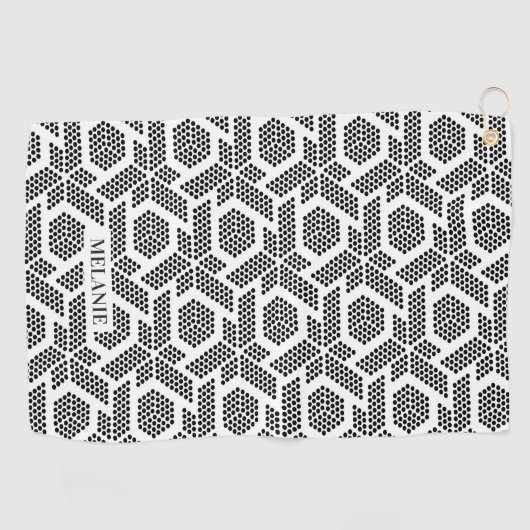 Zwart wit geometrisch gestippeld patroon monogram golfhanddoek (Horizontaal)
