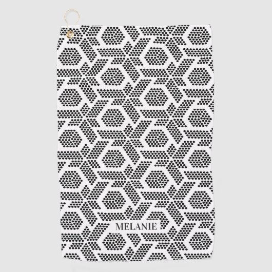 Zwart wit geometrisch gestippeld patroon monogram golfhanddoek (Voorkant)