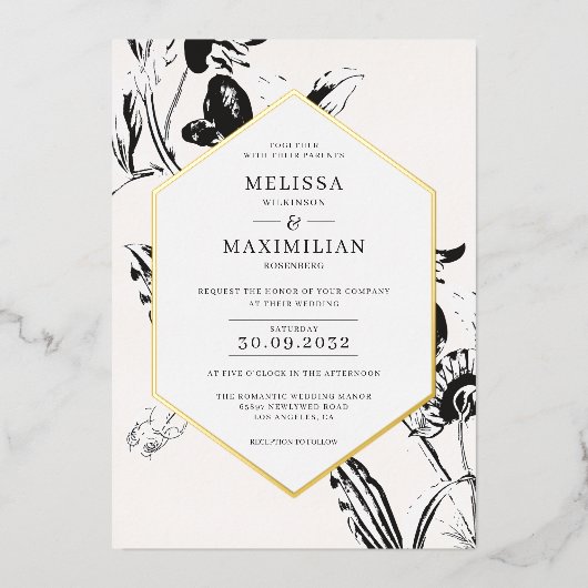 Zwart-wit geometrisch gouden lijst met florvormige folie uitnodiging (Voorkant)