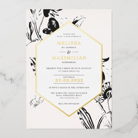 Zwart-wit geometrisch gouden lijst met florvormige folie uitnodiging (Voorkant)
