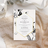 Zwart-wit geometrisch gouden lijst met florvormige folie uitnodiging