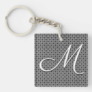 Zwart-wit Geometrisch Initiaal Monogram Sleutelhanger