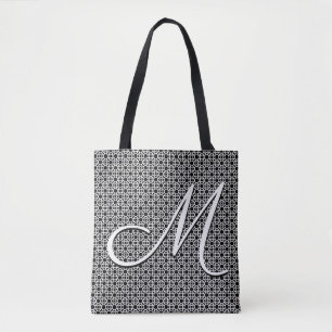 Zwart-wit Geometrisch Initiaal Monogram Tote Bag
