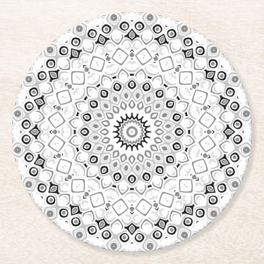 Zwart-wit geometrisch mandala patroon ronde kartonnen onderzetter (Voorkant)