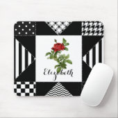 Zwart-wit geometrisch met rode roze en naam muismat (Met muis)