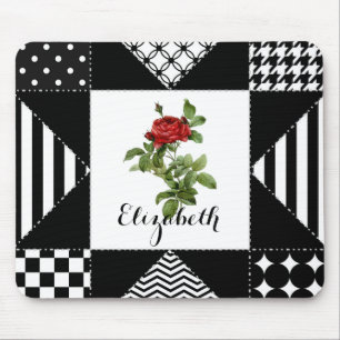 Zwart-wit geometrisch met rode roze en naam muismat