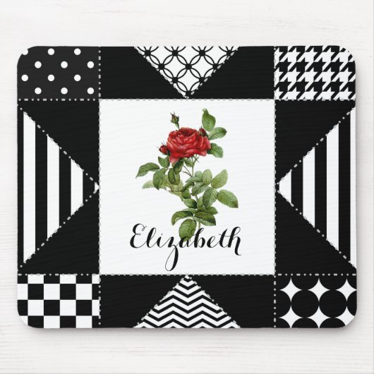 Zwart-wit geometrisch met rode roze en naam muismat (Voorkant)