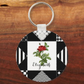 Zwart-wit geometrisch met rode roze en naam sleutelhanger (Voorkant)