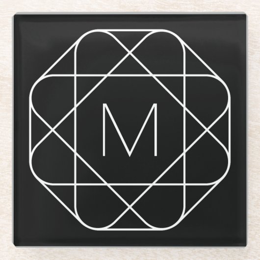Zwart-wit geometrisch monogram glazen onderzetter (Voorkant)