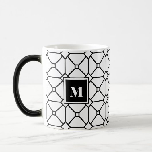 Zwart-wit geometrisch monogram magische mok (Links)