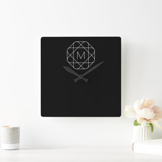 Zwart-wit geometrisch monogram vierkante klok (Huis)