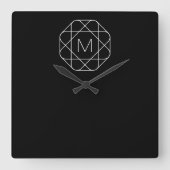 Zwart-wit geometrisch monogram vierkante klok (Voorkant)