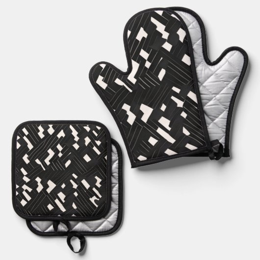 Zwart-wit geometrisch ontwerp ovenwant & pannenlap set (Voorkant / Achterkant)