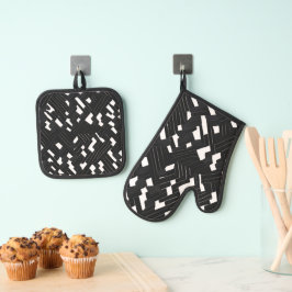 Zwart-wit geometrisch ontwerp ovenwant & pannenlap set