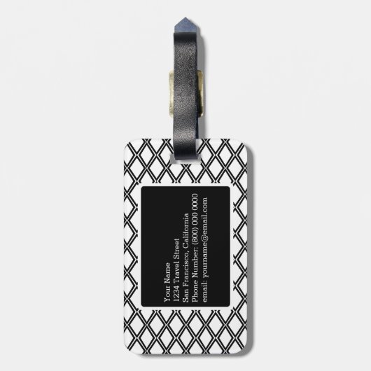 Zwart Wit Geometrisch Patroon Aangepaste Monogram Bagagelabel (Achterkant verticaal)