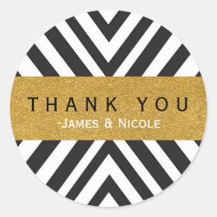Zwart-wit geometrisch patroon & goudsticker ronde sticker
