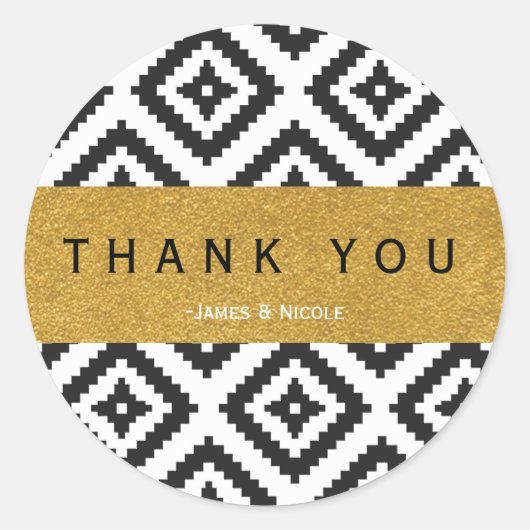 Zwart-wit geometrisch patroon & goudsticker ronde sticker (Voorkant)