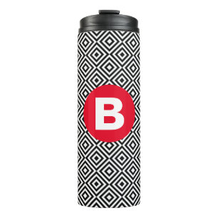 Zwart-wit geometrisch patroon met rode monogram thermosbeker