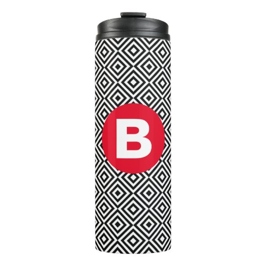 Zwart-wit geometrisch patroon met rode monogram thermosbeker (Voorkant)