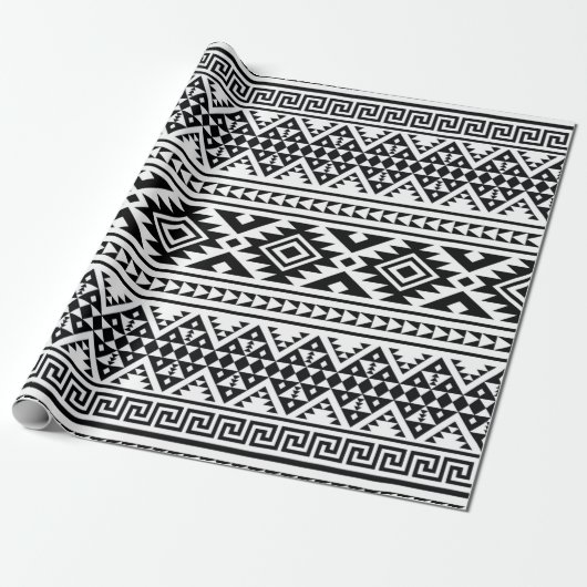 Zwart wit geometrisch tribaal Patroon Aztec Boho Cadeaupapier (Uitgerold)