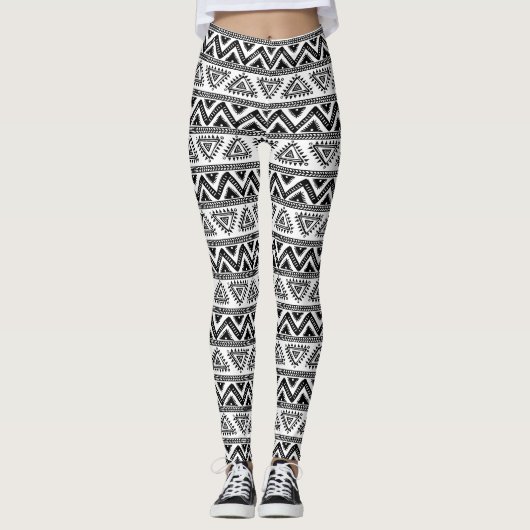 Zwart & Wit Geometrisch tribaal patroon Leggings (Voorkant)