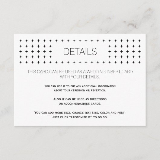 Zwart wit geometrische bruiloft details insert kaa informatiekaartje (Voorkant)