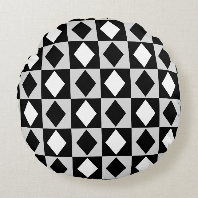 Zwart Wit Geometrische Rhombus Diamant Rond Kussen (Voorkant)