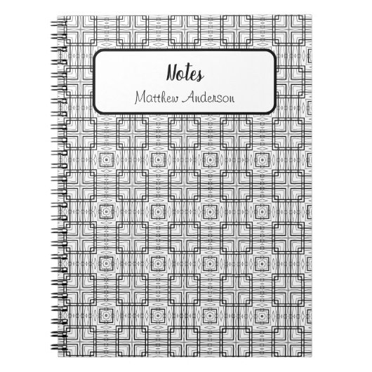 Zwart-wit Geometrische vierkanten Patroon Spiraal Notitieboek (Voorkant)