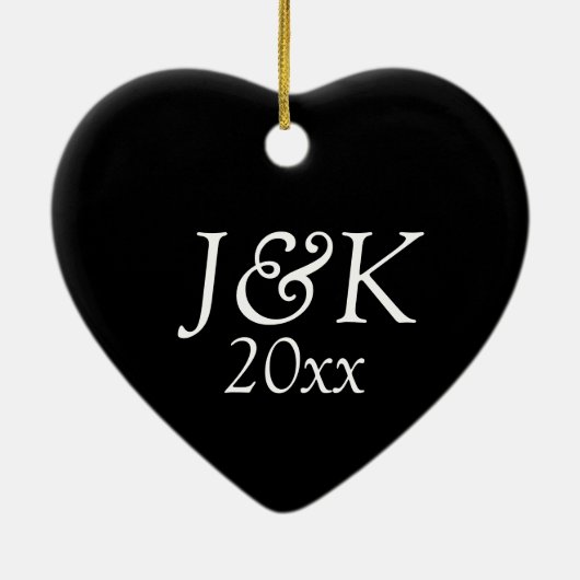 Zwart-wit gepersonaliseerd hart monogrammed keramisch ornament (Achterkant)