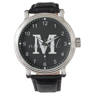 zwart-wit gepersonaliseerd mannenmonogram horloge