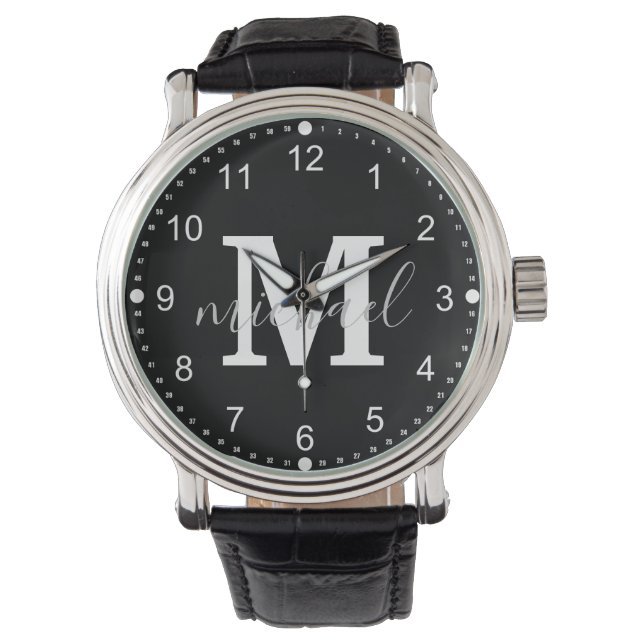 zwart-wit gepersonaliseerd mannenmonogram horloge (Voorkant)