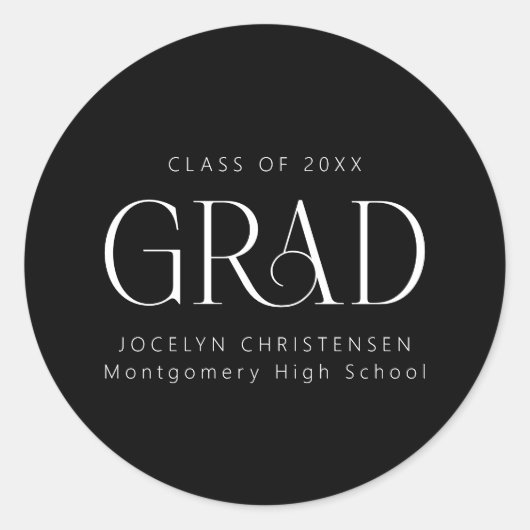 Zwart Wit Gepersonaliseerd Modern Afstudeerder Afs Ronde Sticker (Voorkant)
