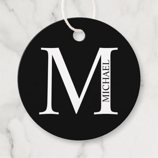 Zwart-wit gepersonaliseerd monogram en naam fav bedankjes labels (Voorkant)