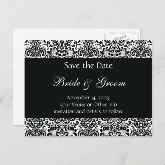 Zwart-wit gepersonaliseerde damast Save the Date Aankondigingskaart (Voorkant / Achterkant)