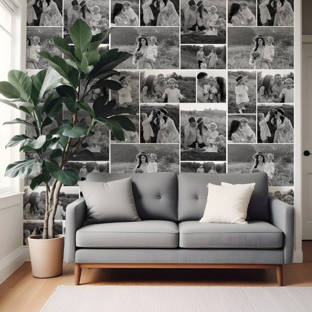 Zwart & Wit Gepersonaliseerde Familie Fotocollage Behang (Black & White Personalized Family Photo Collage Wallpaper)