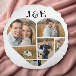 Zwart-wit Gepersonaliseerde Hart Fotocollage Rond Kussen