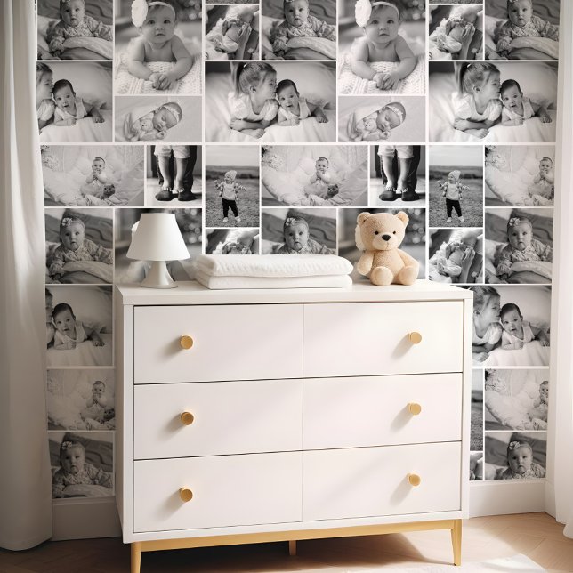 Zwart & Wit Gepersonaliseerde Muur Baby Fotocollag Behang (Black & White Personalized Wall Baby Photo Collage Wallpaper)