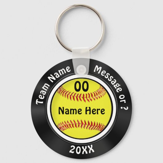 Zwart-wit, gepersonaliseerde Softball Party Favors Sleutelhanger (Voorkant)