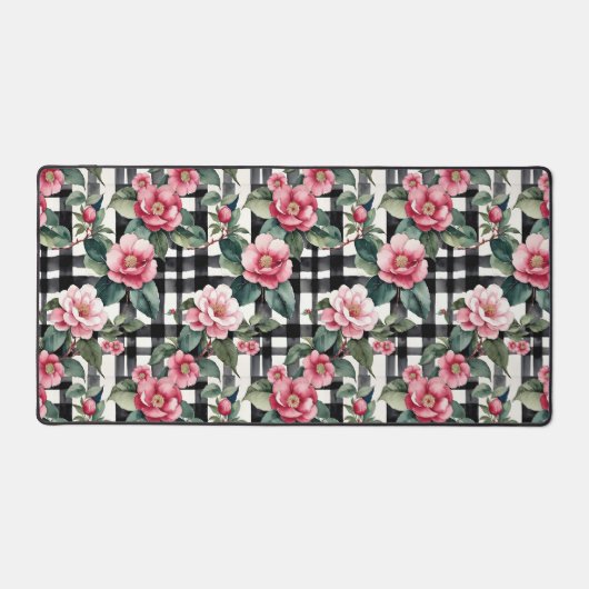 Zwart-wit geplakt met bladerige roze camelia's bureaumat (Voorkant)