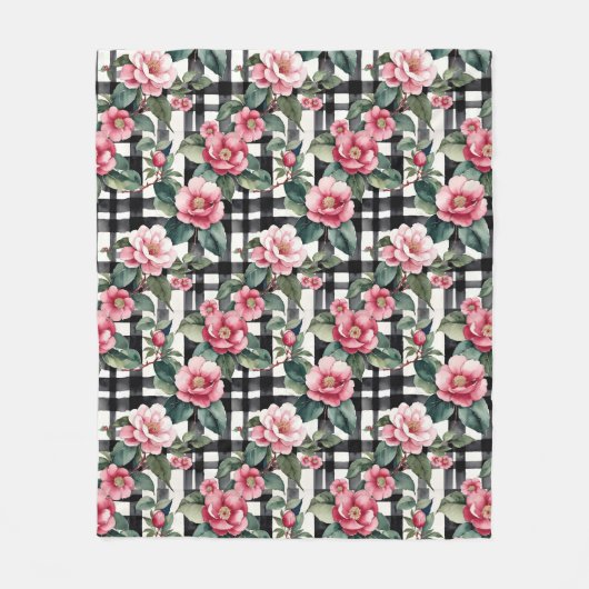 Zwart-wit geplakt met bladerige roze camelia's fleece deken (Voorkant)