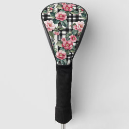 Zwart-wit geplakt met bladerige roze camelia's golfheadcover