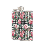 Zwart-wit geplakt met bladerige roze camelia's heupfles (Links)