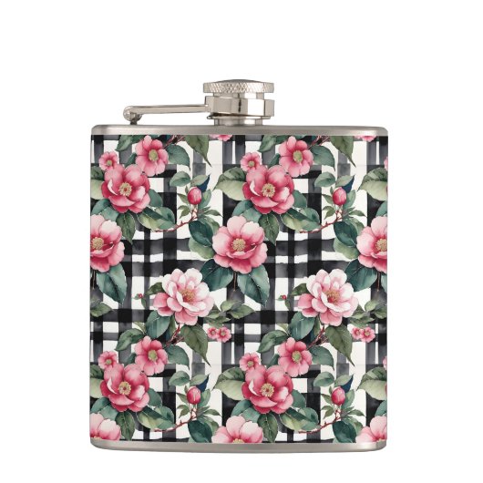 Zwart-wit geplakt met bladerige roze camelia's heupfles (Voorkant)