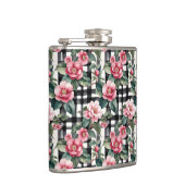 Zwart-wit geplakt met bladerige roze camelia's heupfles (Rechts)