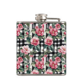 Zwart-wit geplakt met bladerige roze camelia's heupfles (Achterkant)