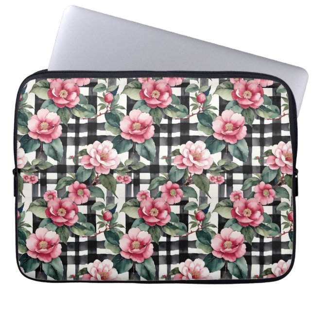 Zwart-wit geplakt met bladerige roze camelia's laptop sleeve (Voorkant)