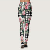 Zwart-wit geplakt met bladerige roze camelia's leggings (Achterkant)